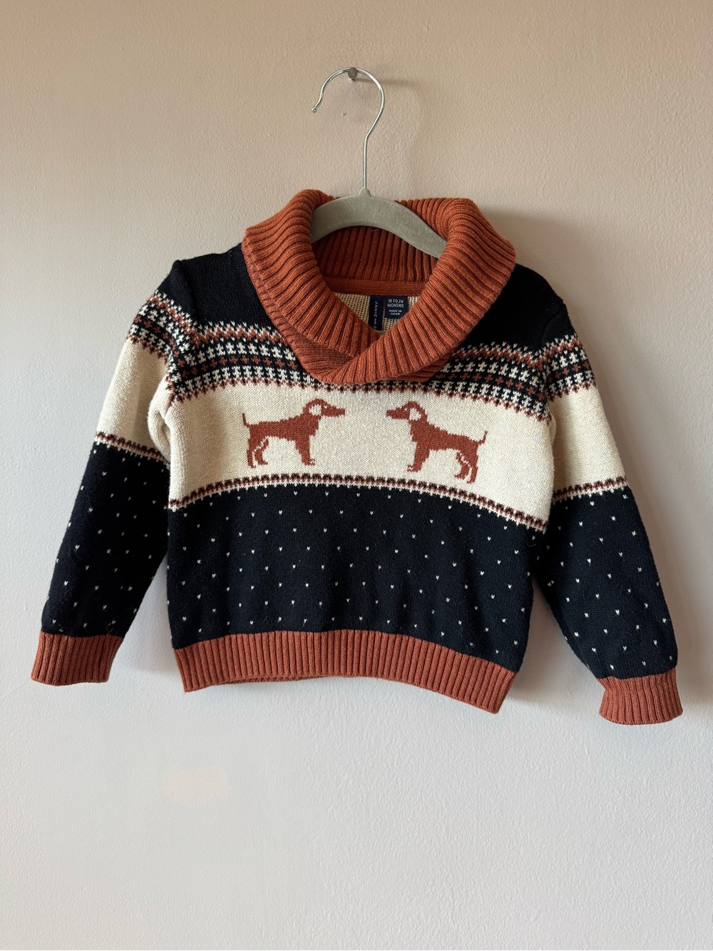 Janie and Jack Boys Dog Fair Isle Shawl Neck Knit Sweater Size 18-24 Months